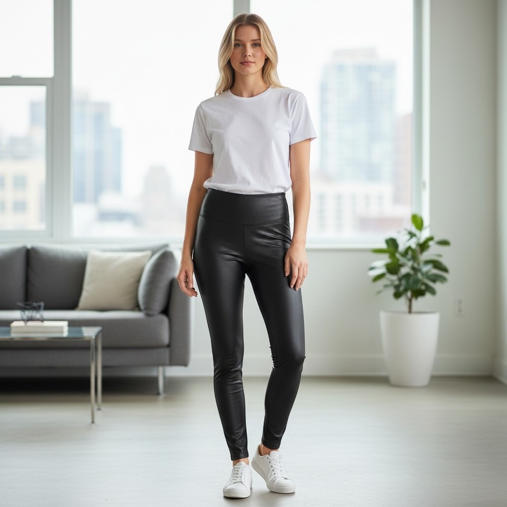 Spanx Faux Leather Leggings Womens Small Petite Black‎ High Waisted Shaping